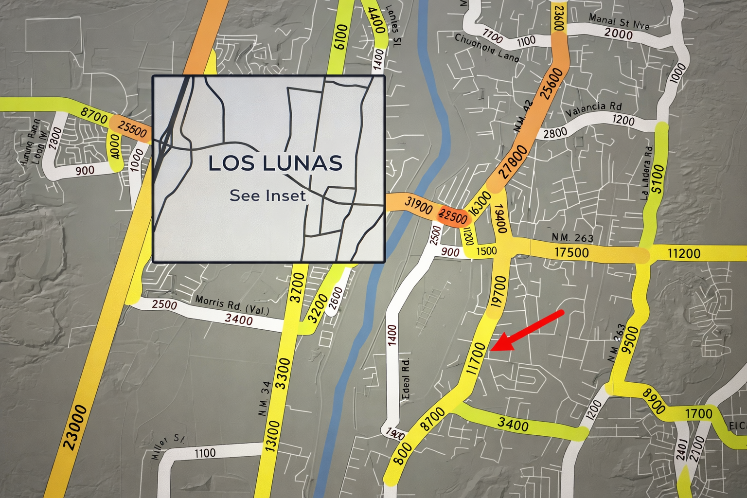 Aerial view of Hwy 47 and Los Lunas Blvd intersection with billboard location
